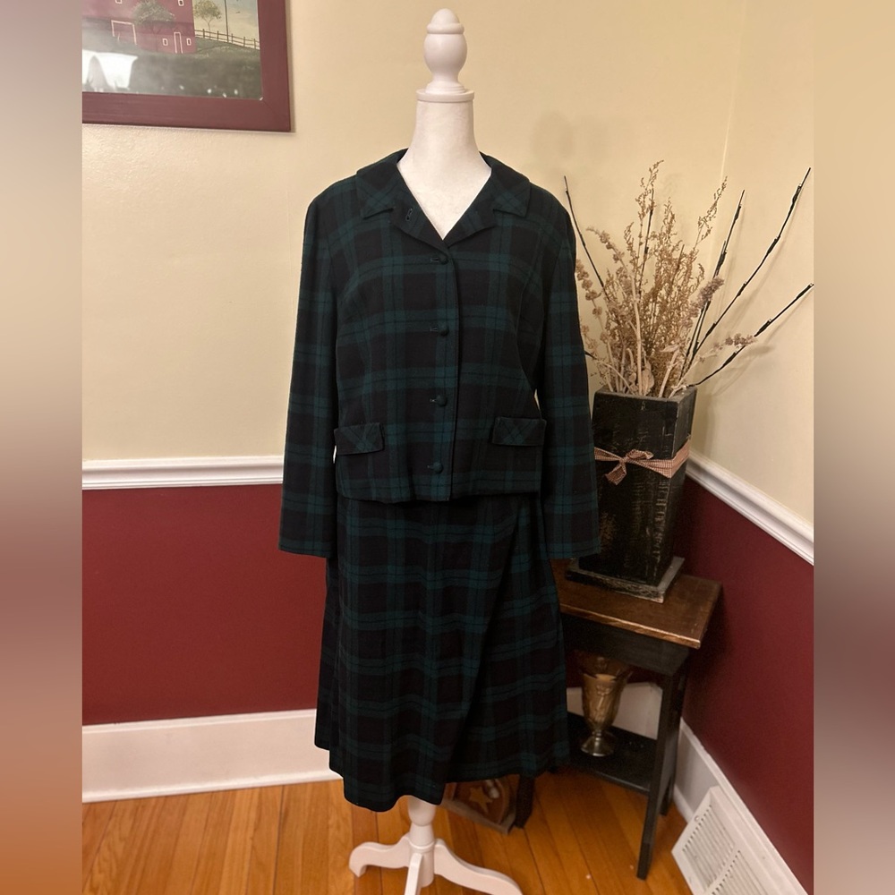 VTG Pendleton Wool Green Tartan Plaid Skirt Suit Set Blazer